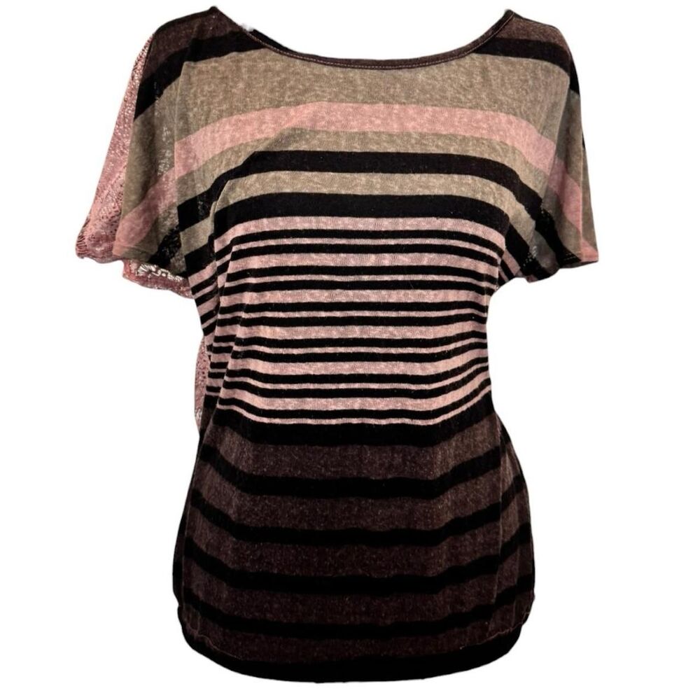 Daytrip size L pink and black horizontal striped blouse with lace sleeves